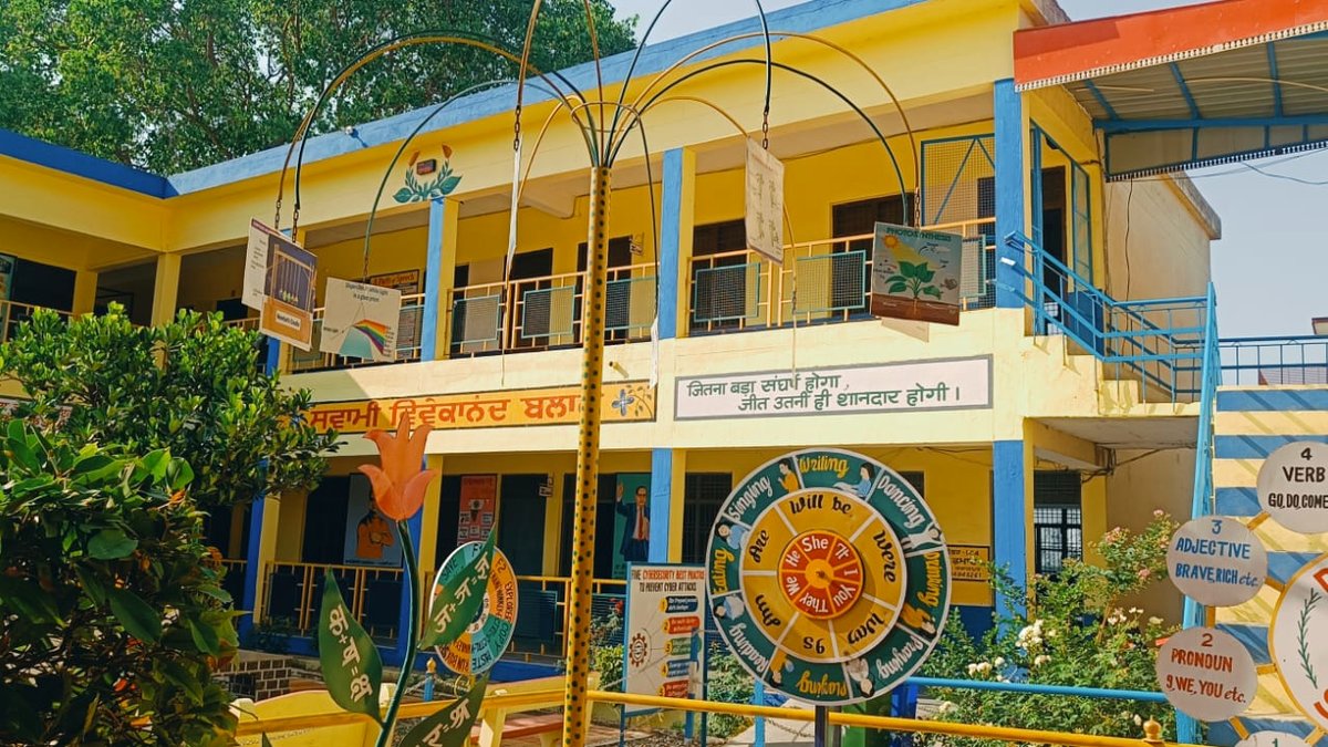 The Swami Vivekanand Block, with teaching charts hung along the veranda