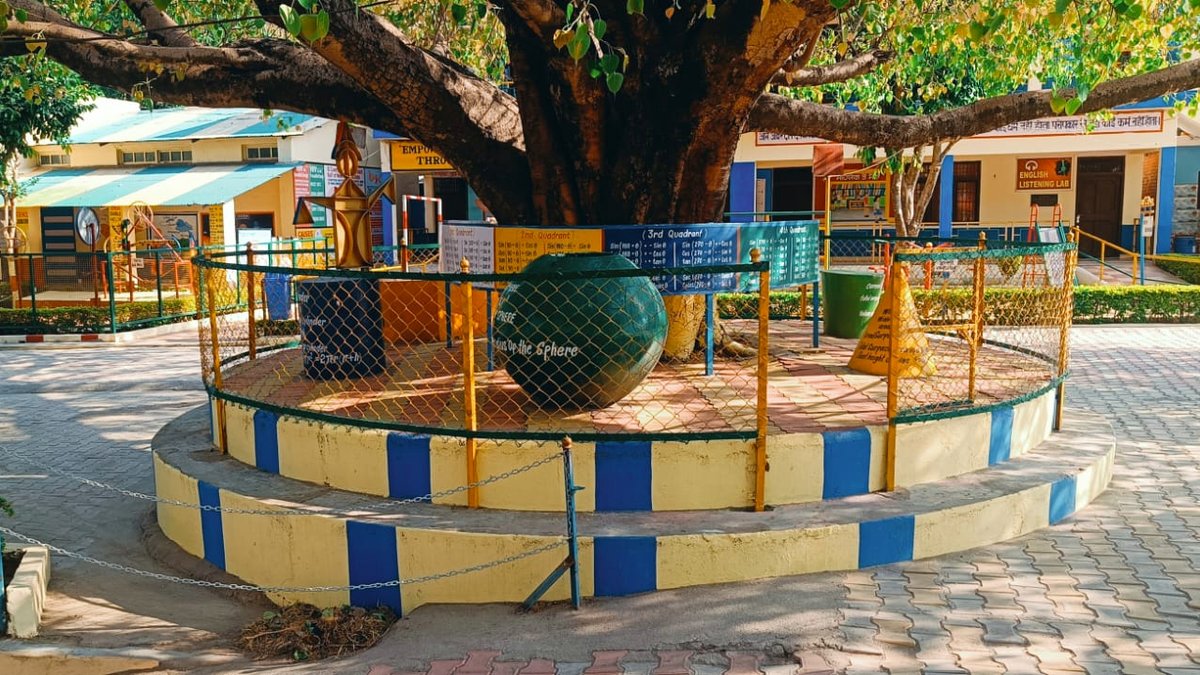 The maths park, with models of a sphere, cylinder and cone and their formulae