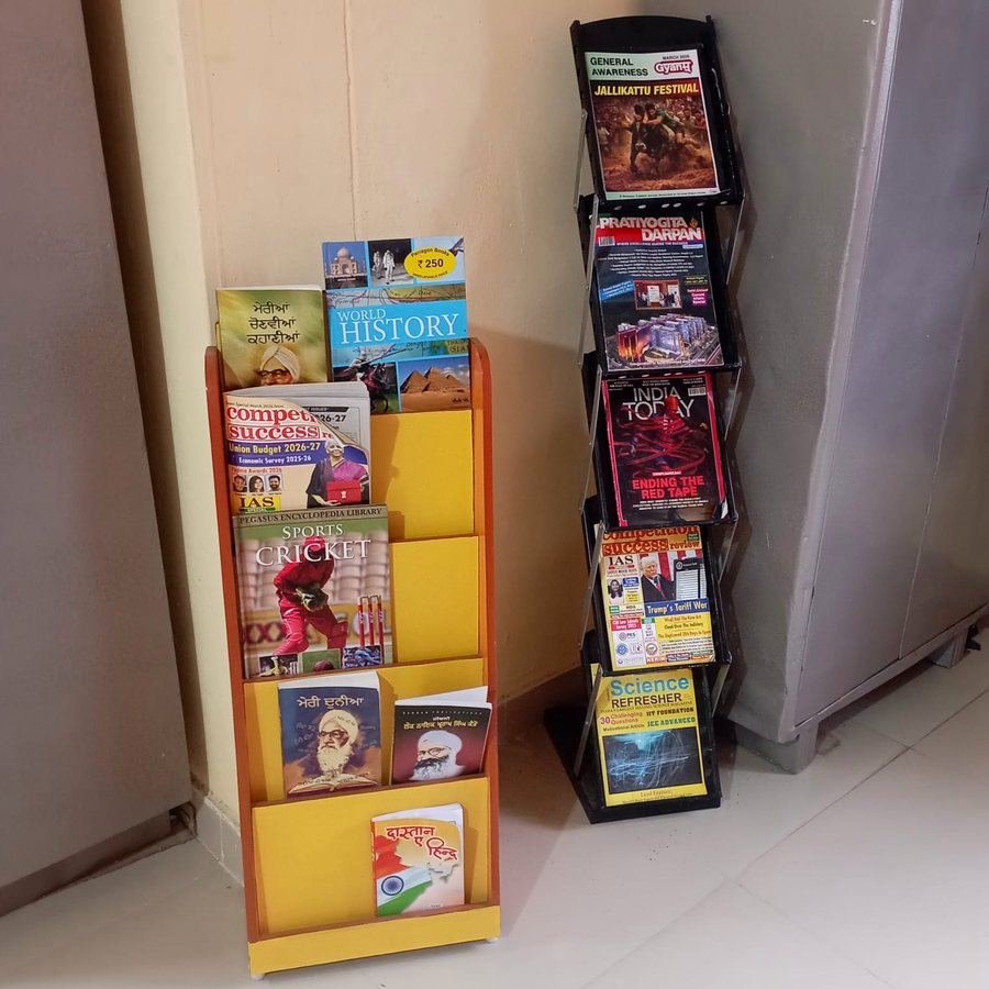 Magazine and book racks in the library